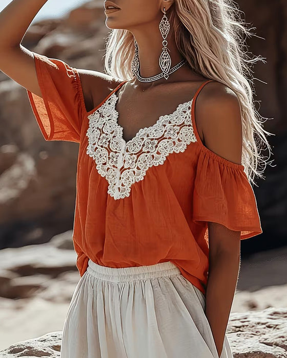 Bluse Blonder Patchwork Off-Shoulder