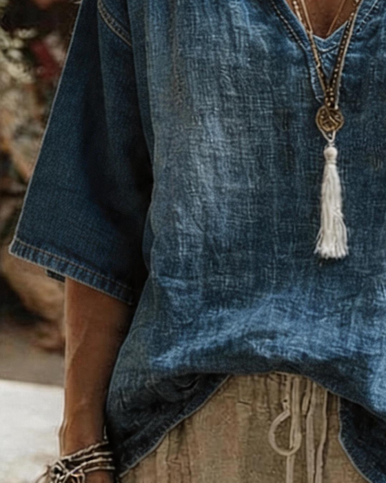Topp V-Hals Denim Halv Erme