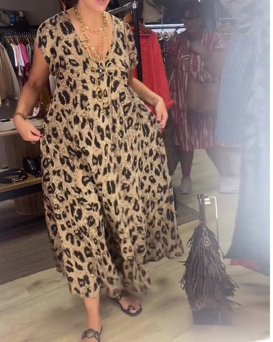 Kjole V-Hals Leopard Full Skjørt