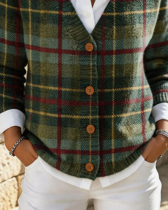 Cardigan Vintage Rutemønster V-Hals Knapp