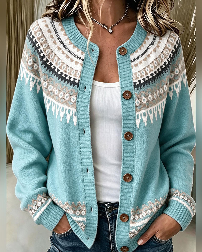 Mønstret Cardigan Med Lange Ermer Og Knappefront