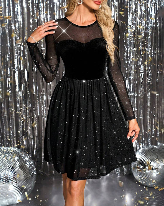 Kjole Glitrende Mesh Fløyel Lappeteppe A-Line
