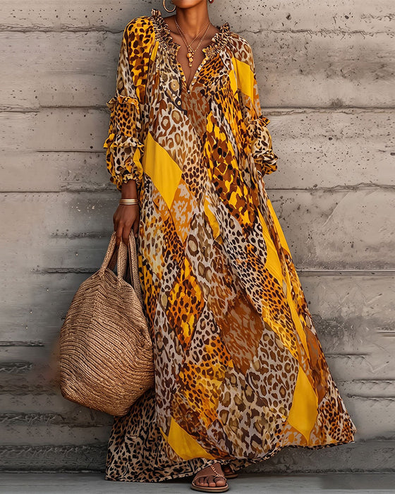 Kjole Leopard Fargeblokk Ruffle V-Hals
