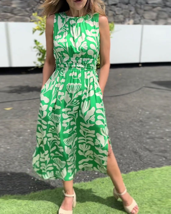 Kjole Ermløs Lang Midje Trykt