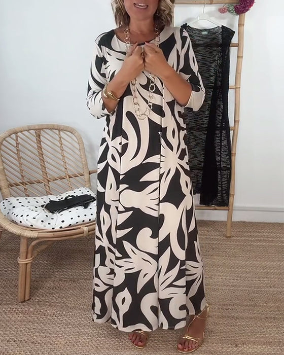 Kjole Med Rund Hals Og Lange Ermer Med Mønster