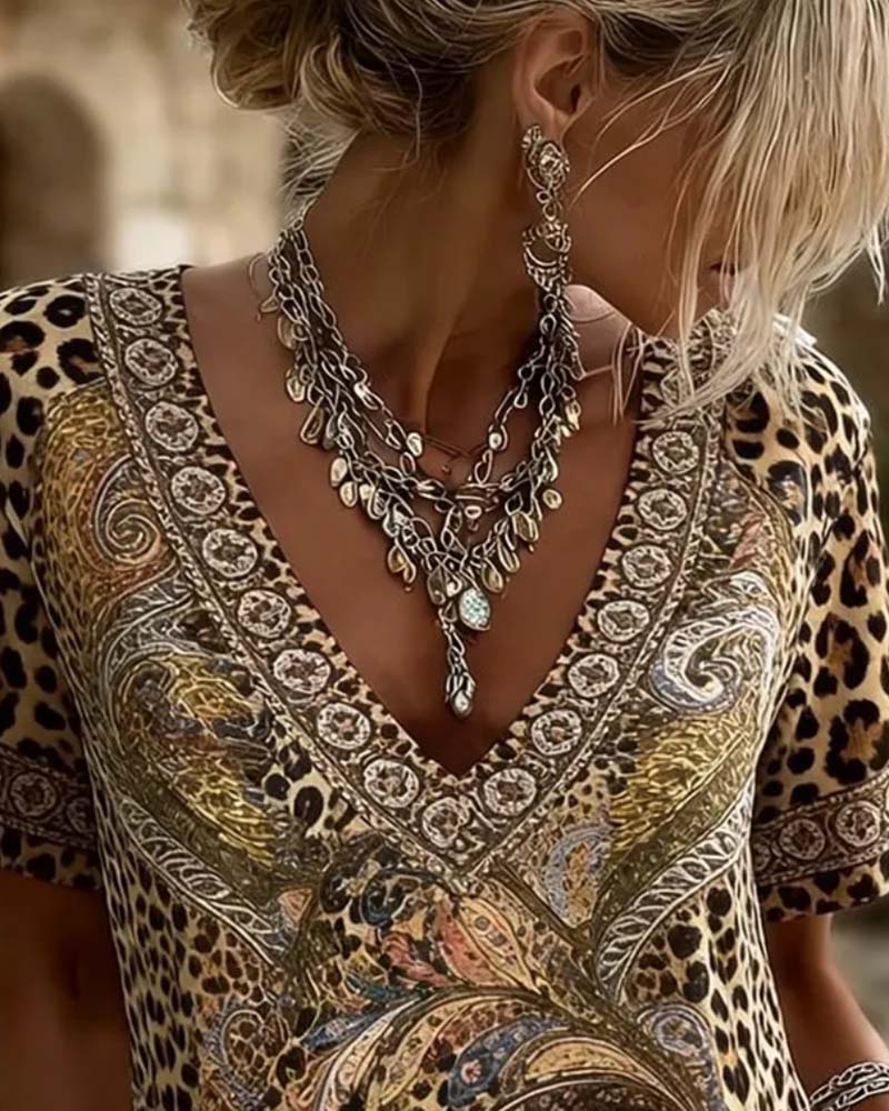 Bluse V-Hals Leopard Trykk Kort Erme Avslappet