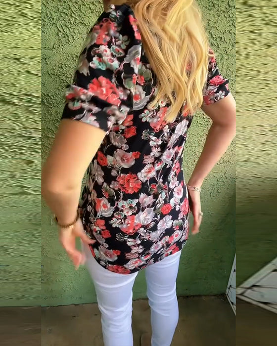 Bluse Rund hals Bufset erme Plissert Blomstret