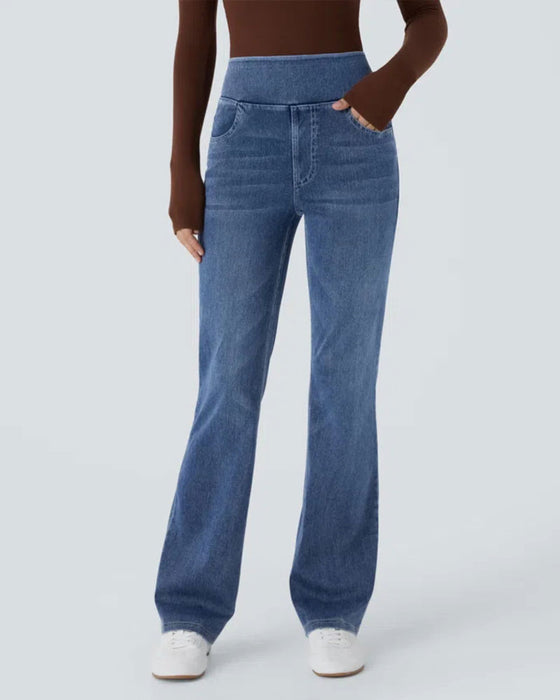 Bukser Høy Midje Denim Lomme Vide Bena
