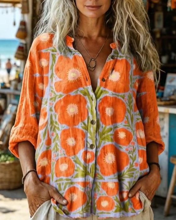 Skjorte Ståkrage Knappefront Vintage Blomstret