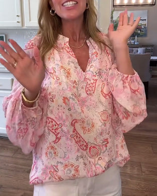 Bluse Med Ballongermer Og Blomstermønster