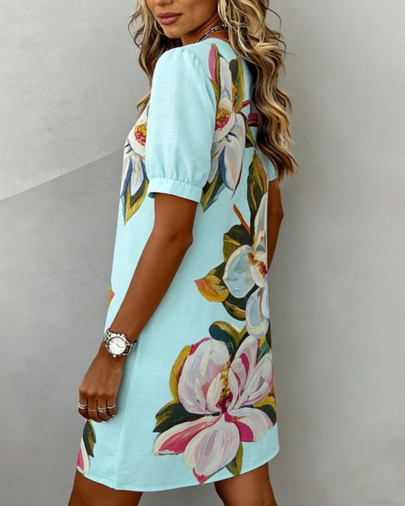 Kjole Stor Blomstre Trykk V-hals