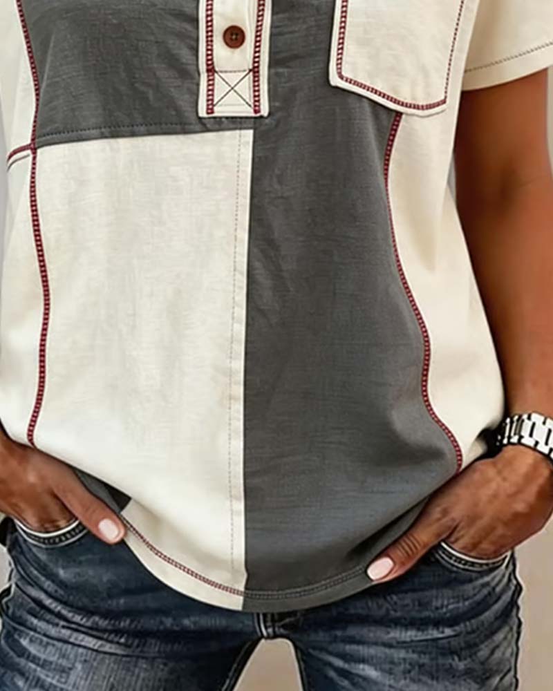 T-Skjorte Kontrastfarge Rundhalset Knapp Patchwork