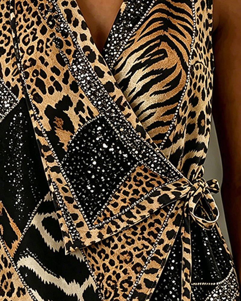 Bluse Leopardtrykk Knytebånd Foran Ermeløs