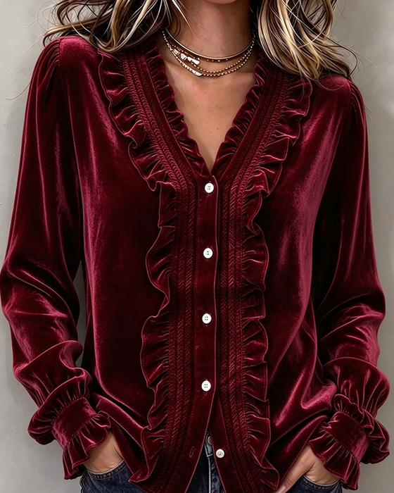 Bluse Velvet Ruffle-Trim V-Neck Langermet