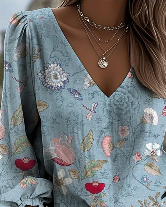 Bluse Med Blomster- Og Insektprint Pufferm