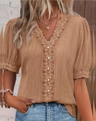 Bluse Blonde Lappeteppe V-Hals Puff Erme