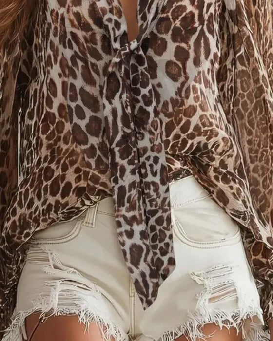 Skjorte V‑hals Leopardmønster Gjennomsiktig Langermet