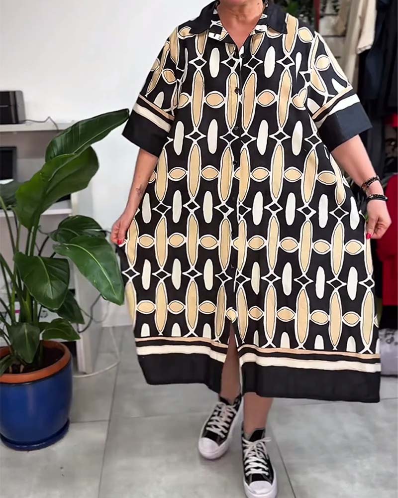 Kjole Krage Trykt Kort Erme Løs