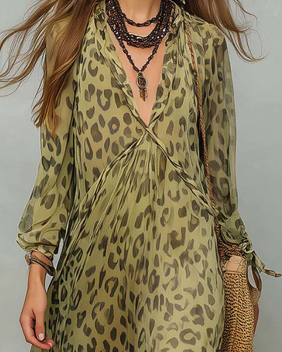 Kjole V-Hals Lang Erme Leopard Maxi