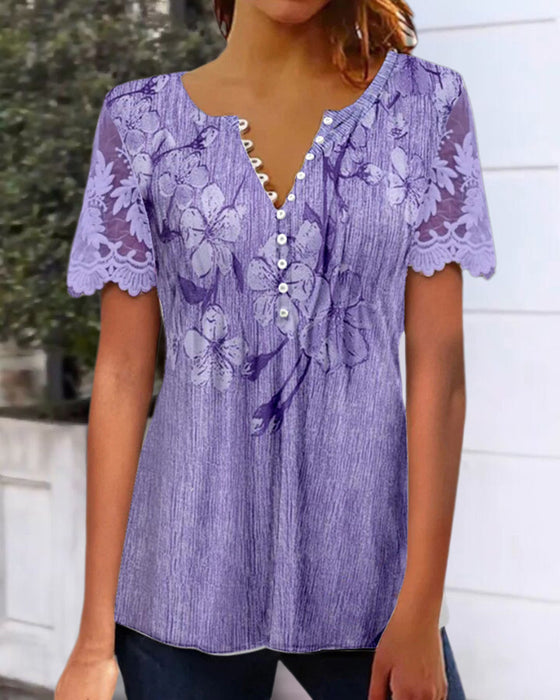 Bluse Med Blondedetalj Rund Hals Trykt