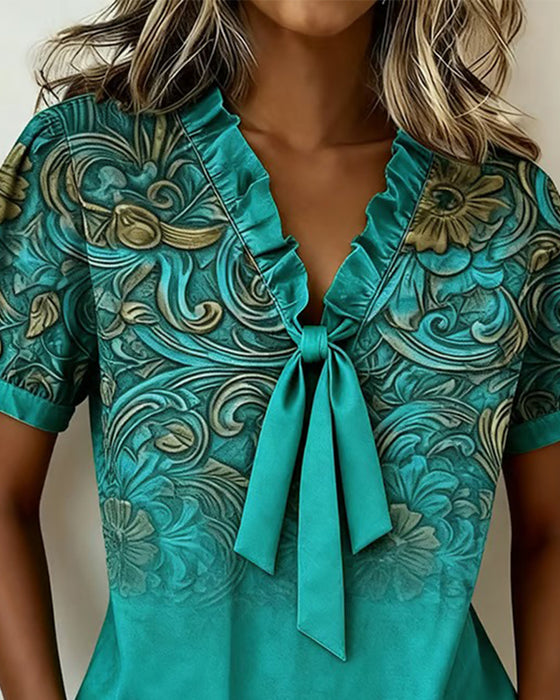 Blus Slipsbånd Volang V-Hals Printed Korte Ærmer