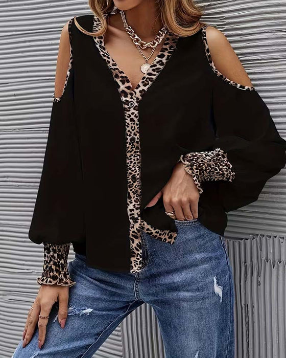 Bluse Off-Skulder Leopard Patchwork Lang Erme