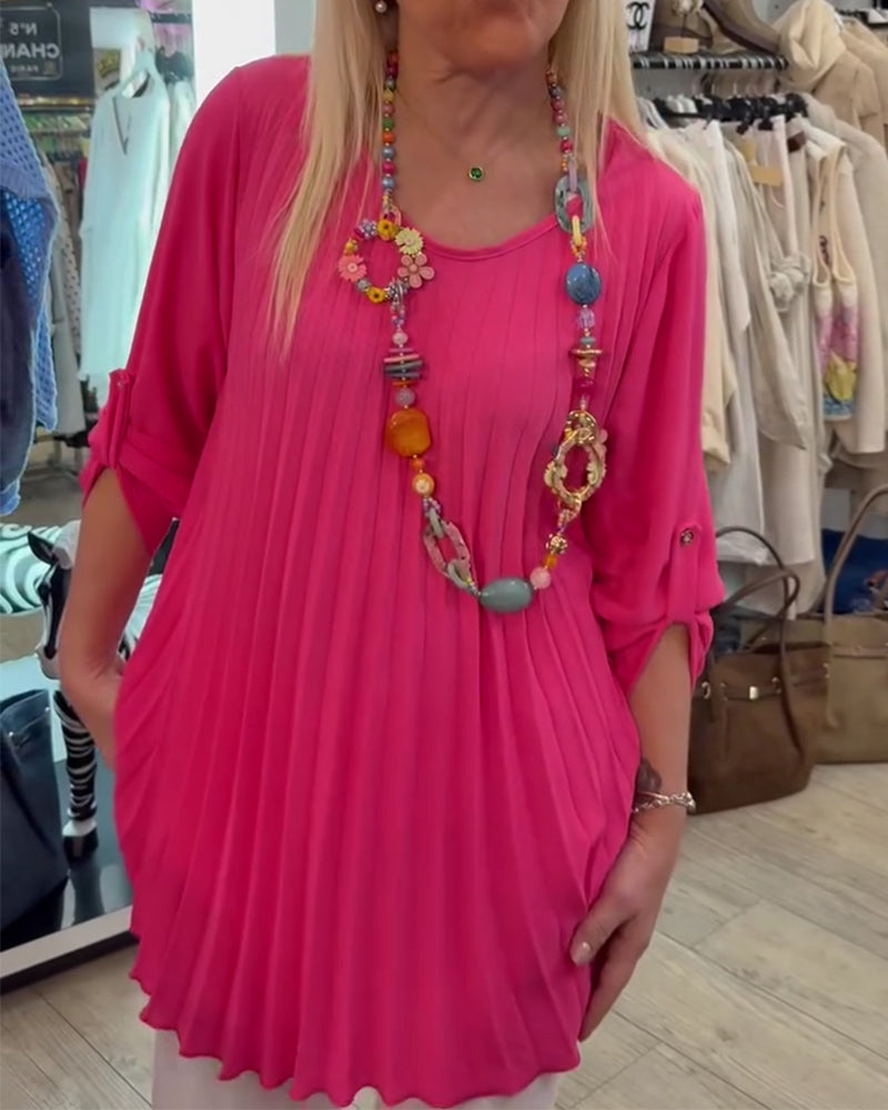 Bluse Rund Hals Plissert