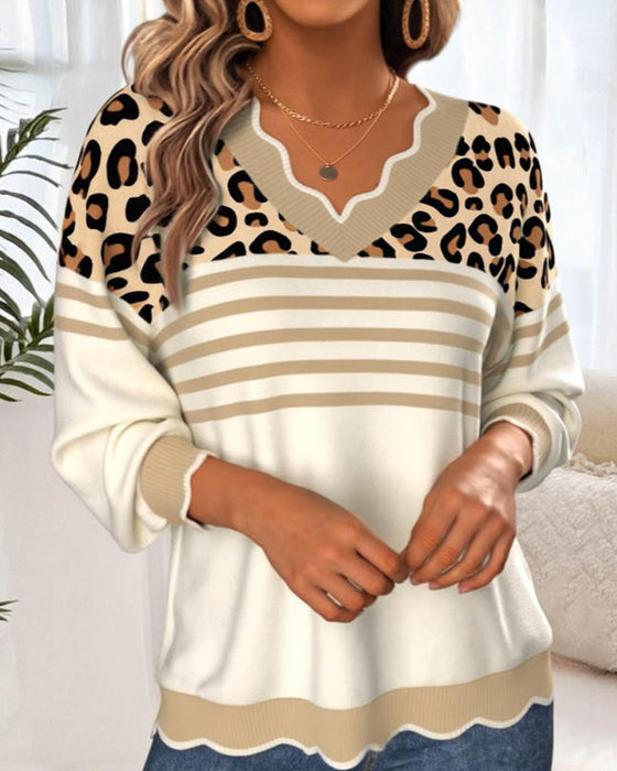 Genser V-Hals Leopardprint Kontrast