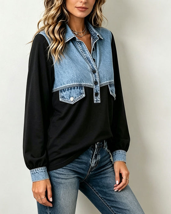 Sweatshirt Skjortekrage Lomme Patchwork