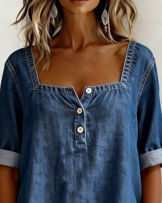 Skjorte Firkantet Hals Denim Halv Erme
