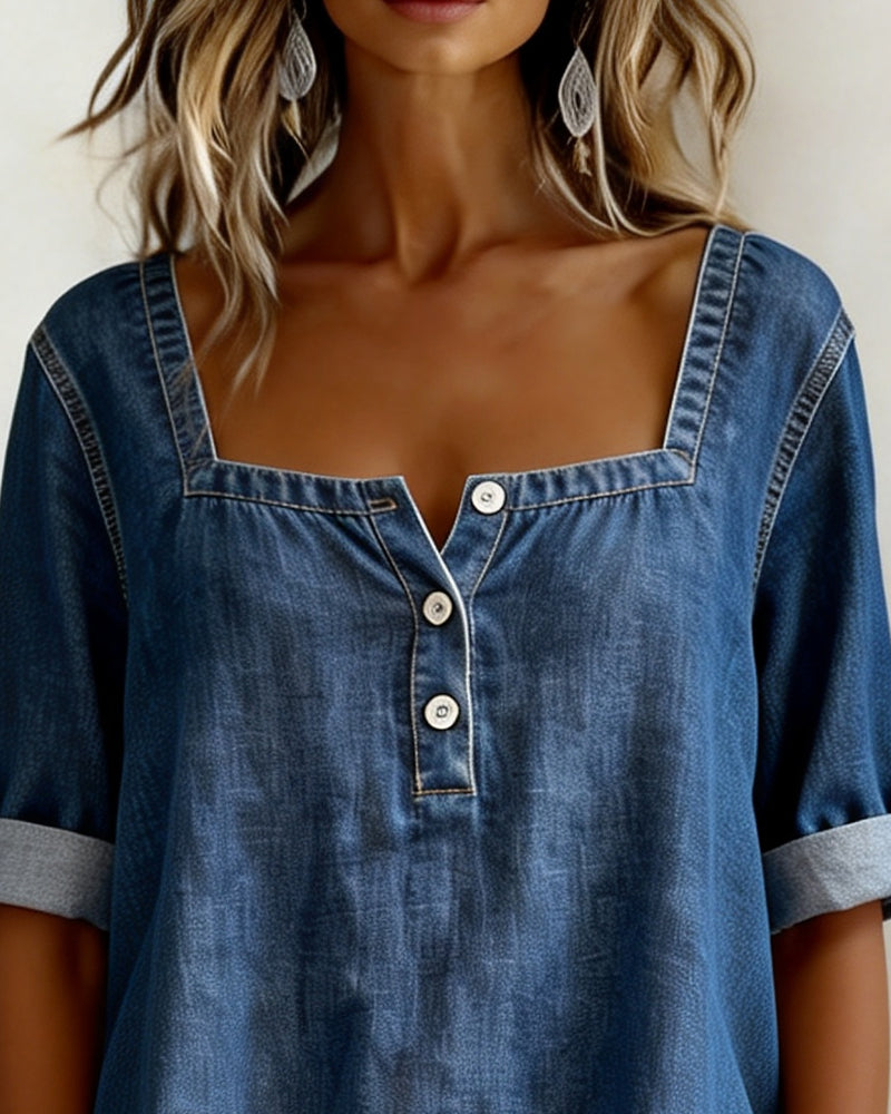 Skjorte Firkantet Hals Denim Halv Erme
