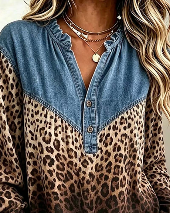 Topp Denim Patchwork Leopardmønster Langermet