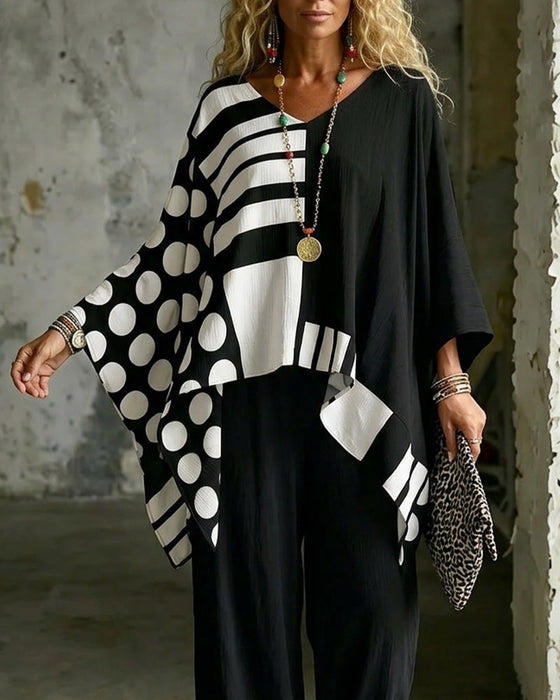 Bluse Polka Dot Stripe Patchwork V Hals