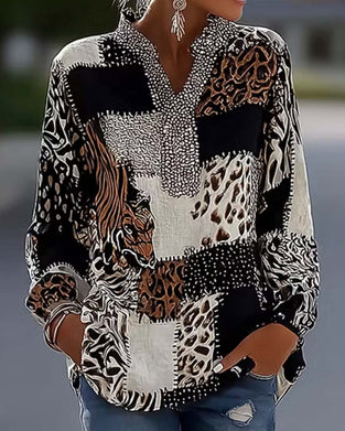Bluse Mandarin Krave Leopard Patchwork