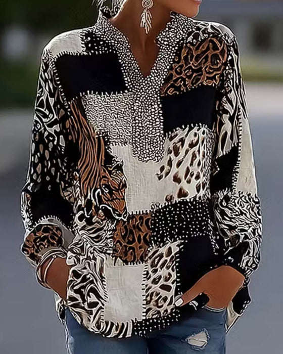 Bluse Mandarin Krave Leopard Patchwork