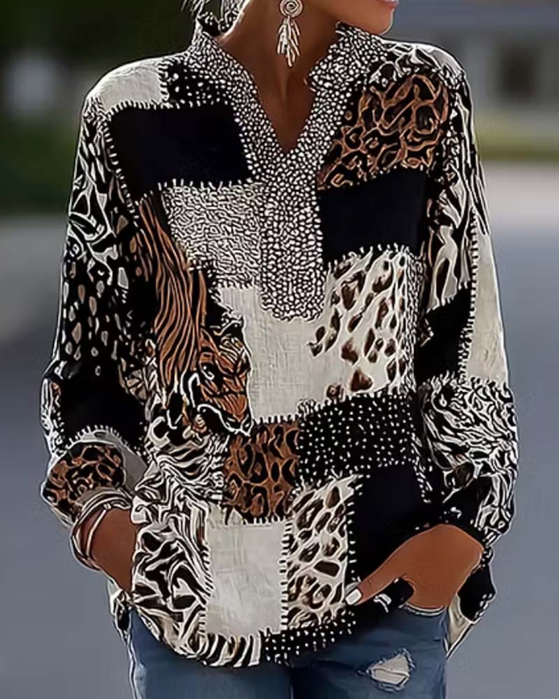 Bluse Mandarin Krave Leopard Patchwork