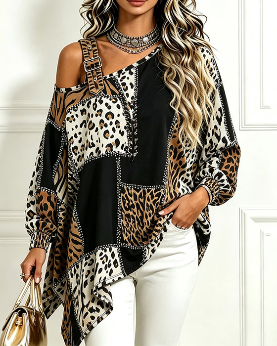 Bluse Leopard Trykk Patchwork Asymmetrisk Hals Lang Erme