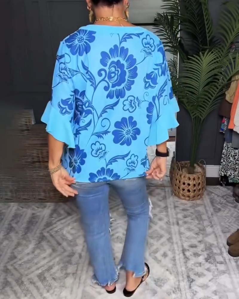 Bluse Løs Kortermet Trykk