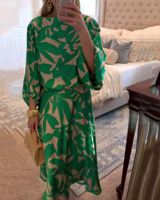 Sett Kjole Avslappet Trykt Lykt Ermer Temperament