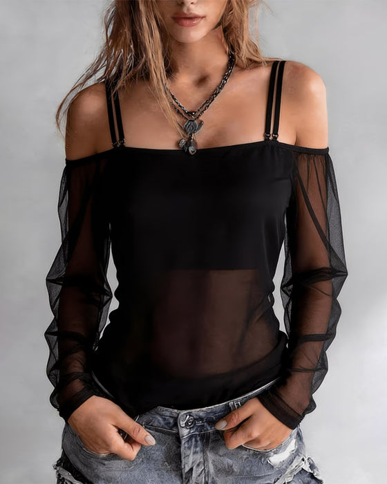 T-Shirt Spagettistrap Off-Shoulder Sheer