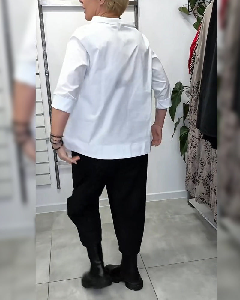 100% Bomull Bluse Vid Krage Ensfarget Casual