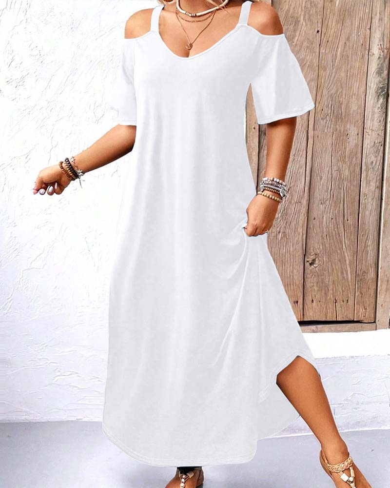 Kjole Ensfarget V-Utringning Off-Shoulder Lang