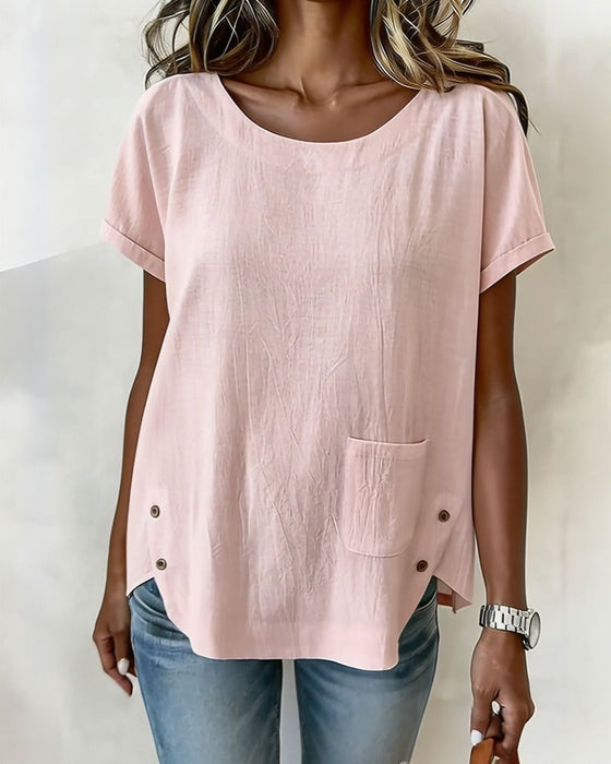 T-Skjorte Bomull Lin Knapp Detalj Kort Erme