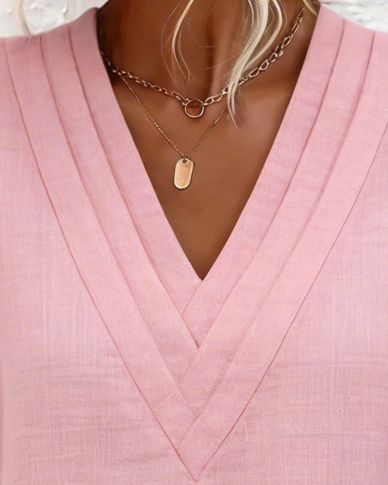 Kjole V-hals Kortermet Bomull Og Lin Rett