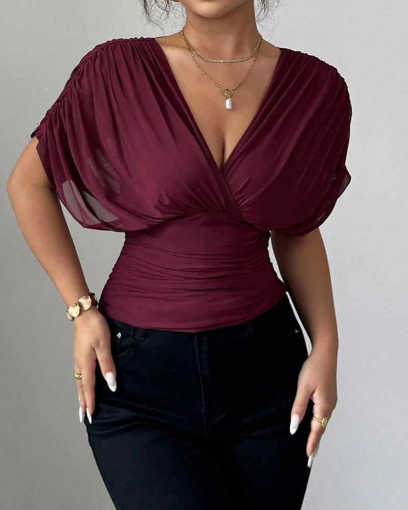 Bluse Solid Farge Dyp V-Hals Midje Kort Erme
