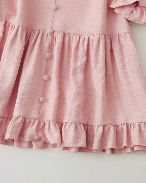 Bluse V-Hals Ruffle Perle Knapp