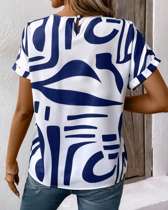T-Shirt Rund Hals Kort Erme Geometrisk Trykk