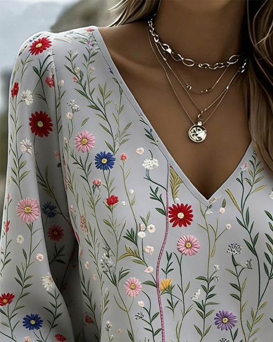 Bluse Blomstre Trykk Boble Erme V-Hals