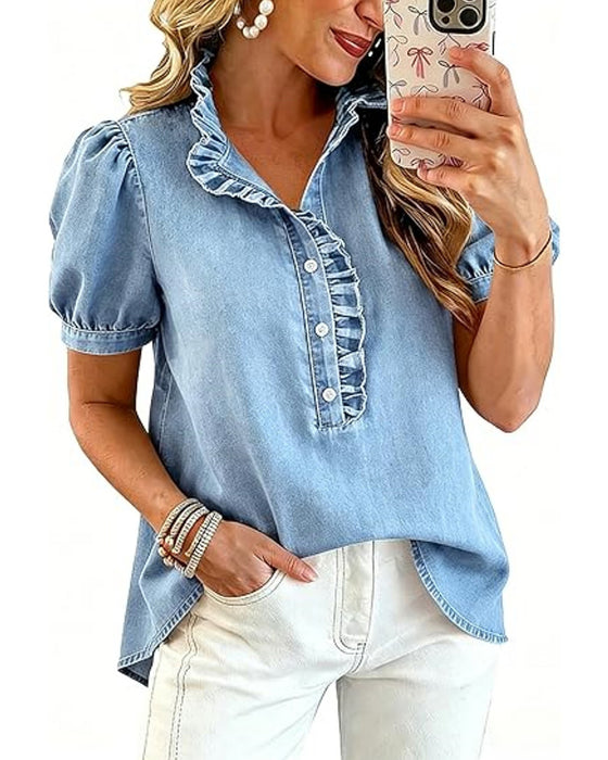 Bluse Knapp Opp Ruffle Denim
