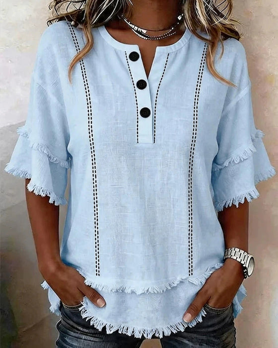 Bluse V-Hals Ruffle Lag Halvknapping Knapp